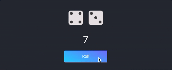 A web app built using React showing a pair of dice change value when a button is clicked.