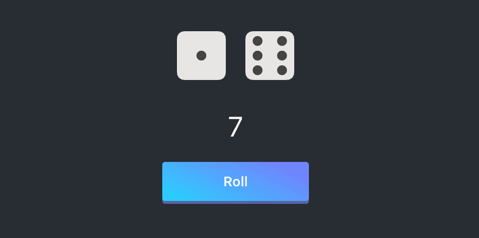 A React app showing two dice stored in state using the useState Hook.