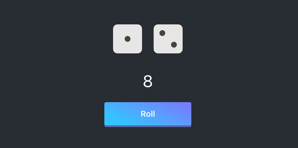 A web app showing two dice, a result value of 8 and a button to change their value.